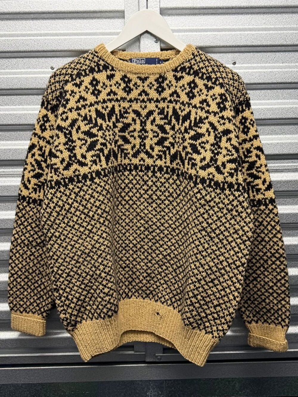 VINTAGE POLO RALPH LAUREN 1990s TAN BLACK HAND-KNIT SNOWFLAKE FAIR ISLE SWEATER